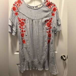 Umgee Gray Dress with Red Floral Embroidery